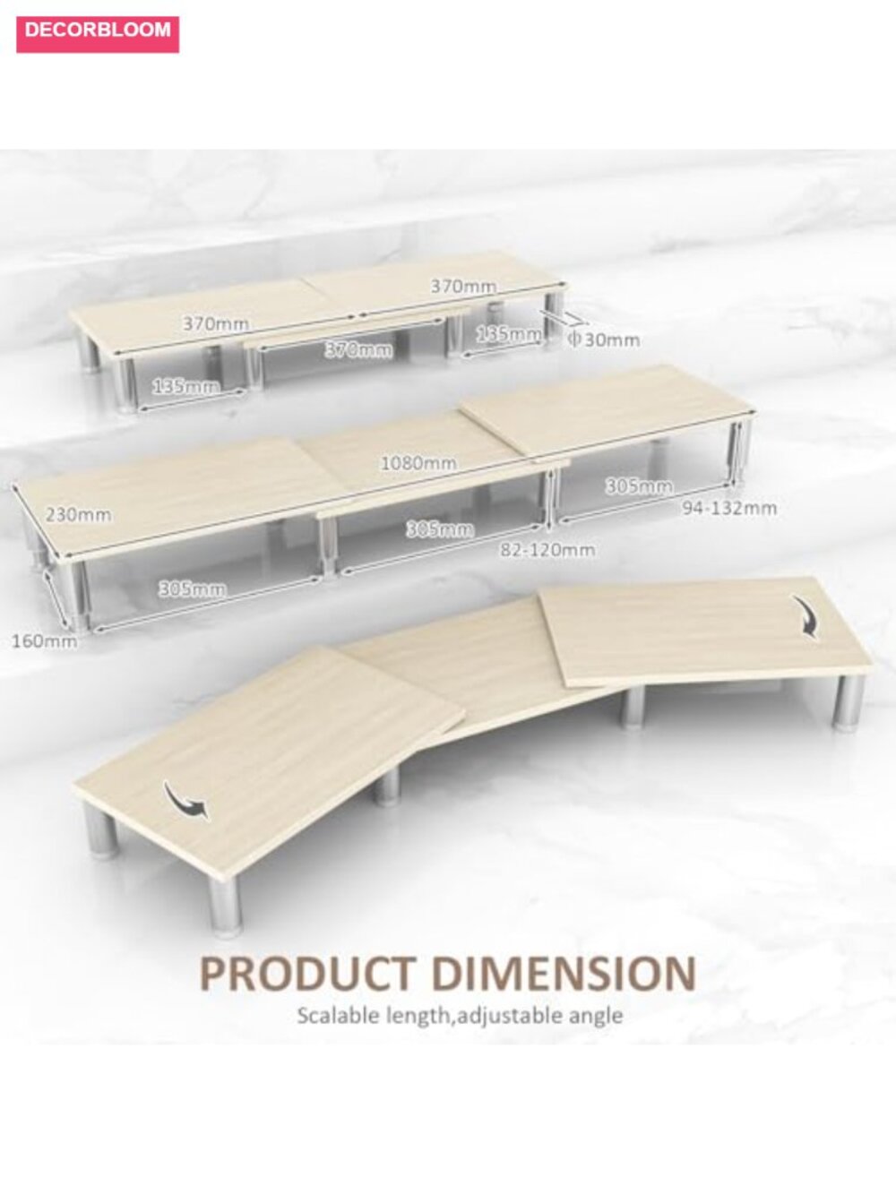Adjustable Wooden Dual Monitor Riser Stand with Storage, Height & Angle - Picture 3 of 5
